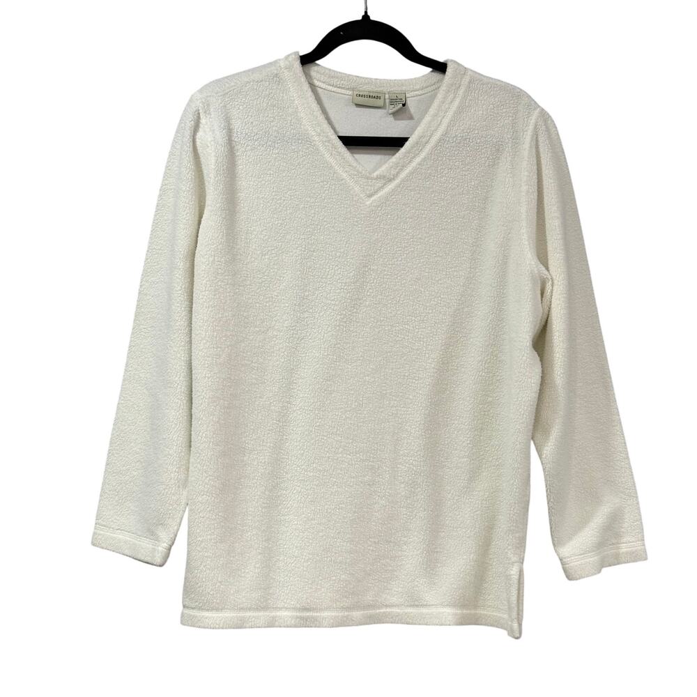 VINTAGE 1980s White Teddy Fleece Pullover V-Neck Crossroads Women's L Taiwan Top